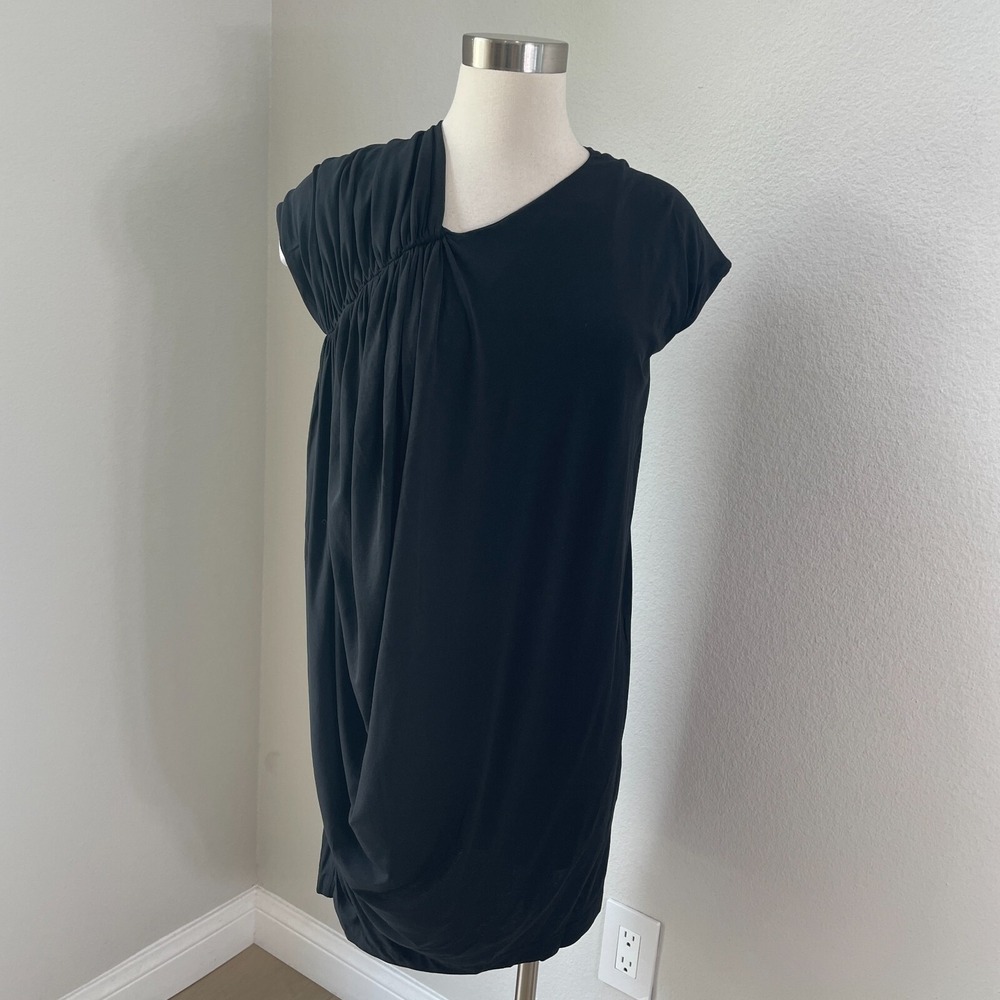 COS Womens Small Black Ruched Shift Dress Short Sleeve Stretch V Neck